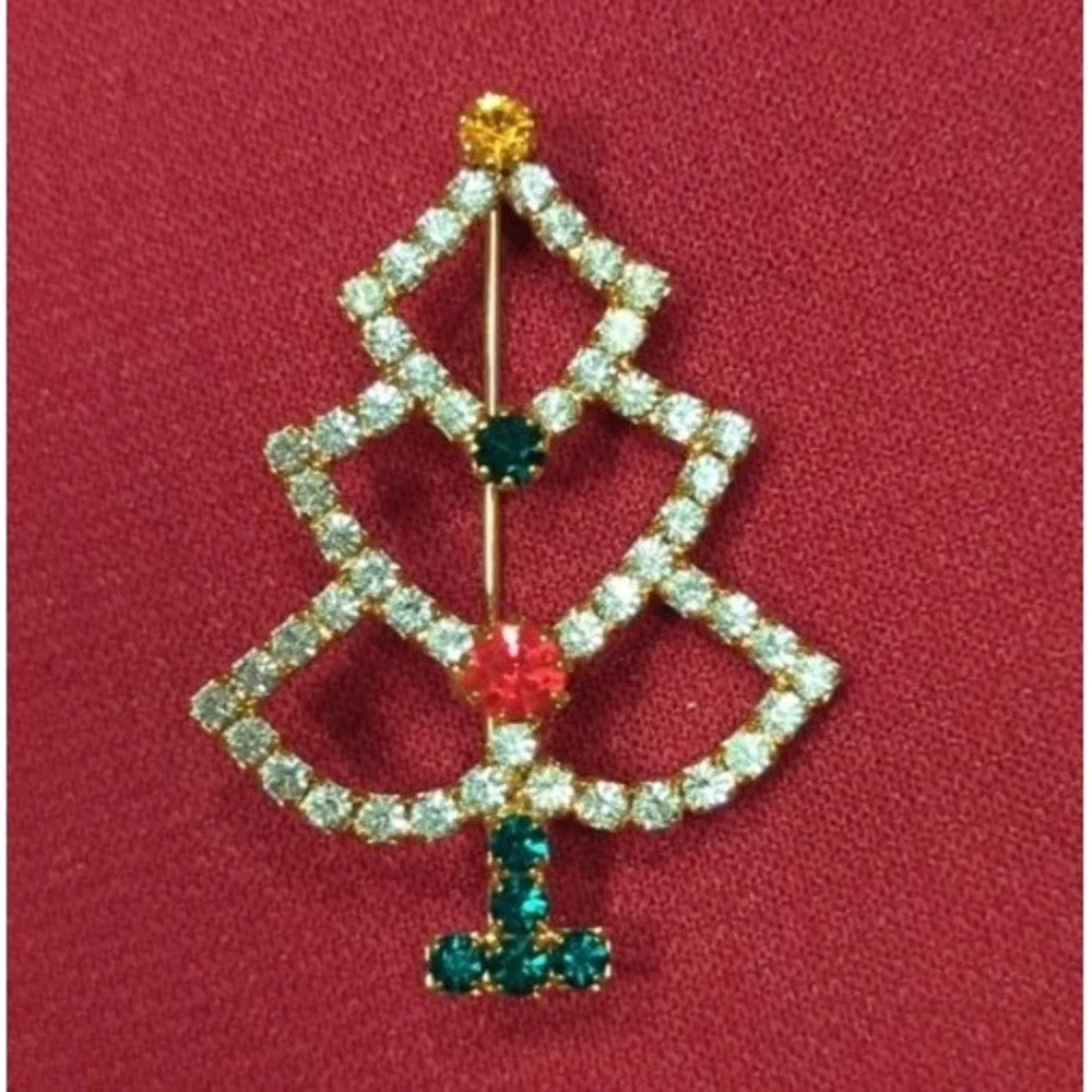 Vintage Christmas Tree Retro Brooch Pin Very Pretty With Colored Stones